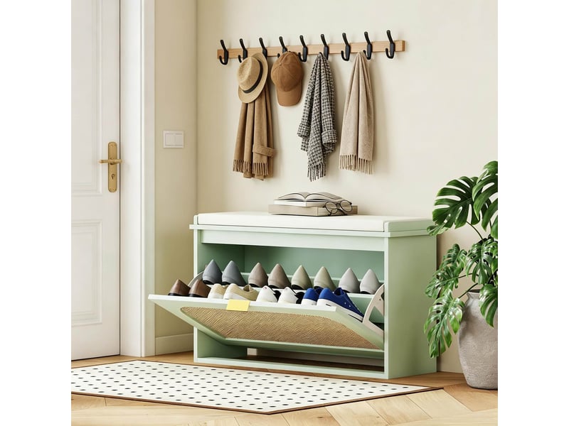  Banc à chaussures avec assise rembourrée, rangement basculant, vert  - Conforama E