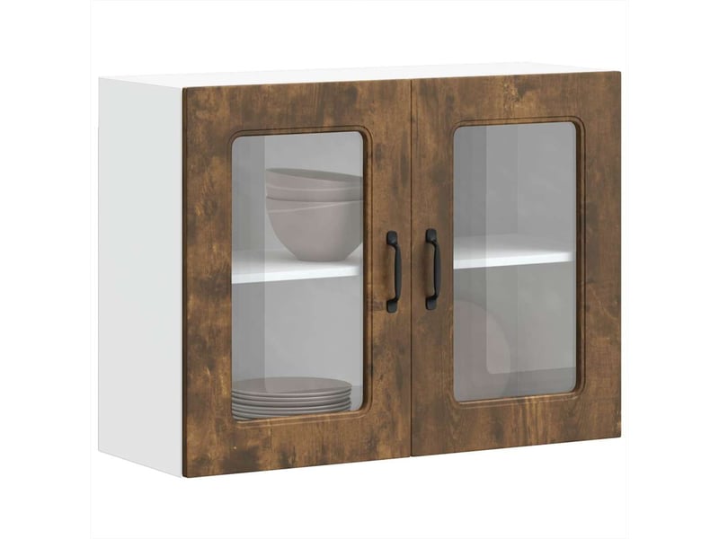Armoire murale de cuisine avec porte vitrée kalmar chêne fumé bois d'ingénierie shl5681 - Conforama B