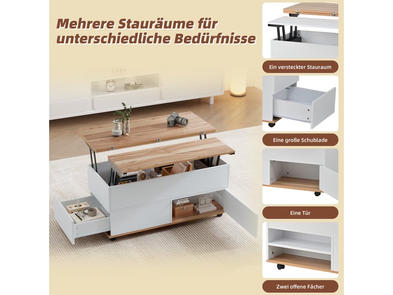  Table basse relevable avec rangement caché, blanc et bois naturel, 100 x 98 x 65 cm, à roulettes et tiroirs  - Conforama B