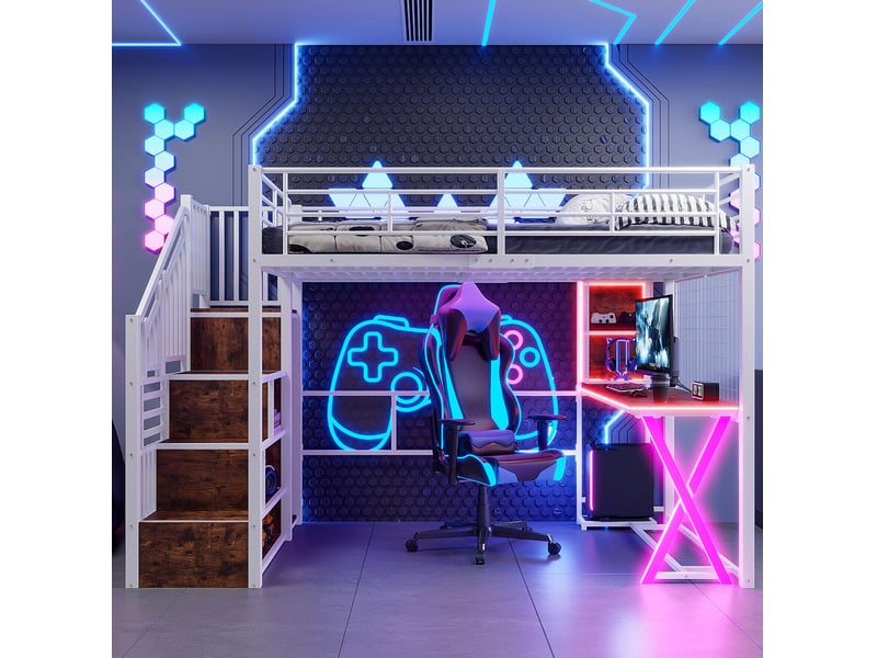  Lit mezzanine 140 x 200 cm avec bureau, armoire, échelle et éclairage led blanc  - Conforama E