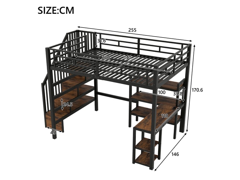 Lit mezzanine 140x200 cm noir, avec bureau, rangements, 3 étagères, escalier de rangement, led, usb, structure métal, sommier inclus, sans matelas - Conforama C