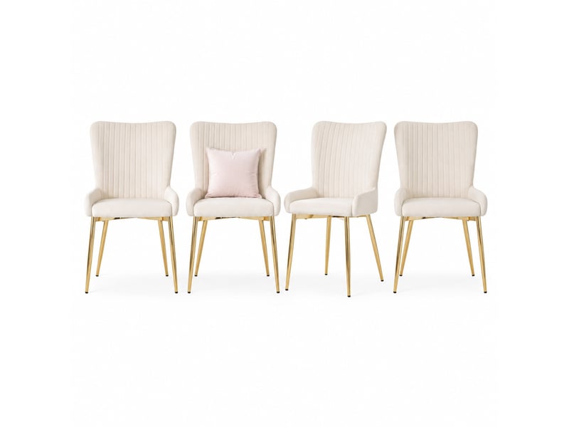  Lot de 4 chaises de salle à manger en velours avec soutien lombaire et pieds métalliques dorés, beige  - Conforama A