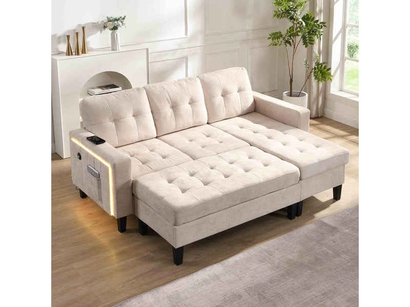  Canapé d’angle modulable 3 places 185x135x85 cm avec méridienne, pouf coffre mobile, éclairage led, canapé convertible port usb et rangement - beige  - Conforama B
