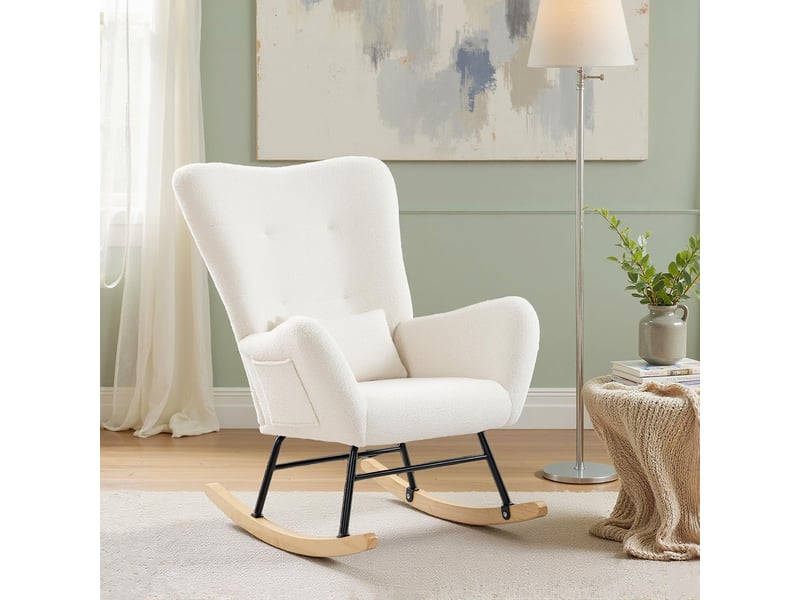  Fauteuil à bascule, rocking chair en peluche teddy avec dossier haut, coussin, pieds en bois d'hévéa, crème  - Conforama C