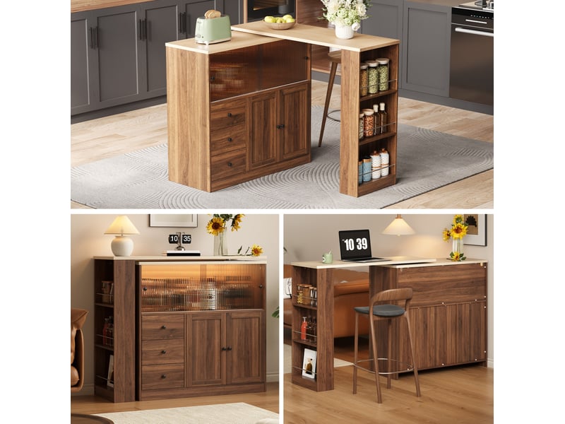  Îlot de cuisine 172x40x96 cm pivotant avec 3 tiroirs et 4 portes, plateau extensible, en mdf couleur naturel  - Conforama B