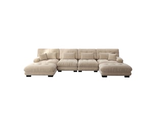 Canapé d'angle 4 places en velours côtelé beige clair avec pouf mobile et led intégrée pour salon
