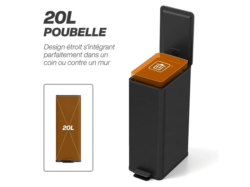  Poubelle de cuisine 20l - poubelle à pédale compartiment seau amovible - acier inox. Noir  - Conforama E