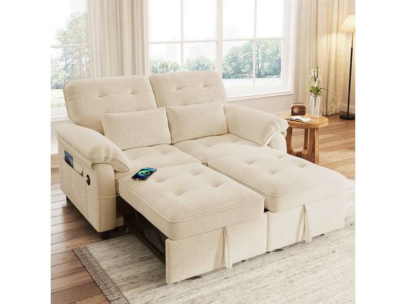 Canapé convertible 2 places 142x90x86,5 cm avec fonction lit double, dossier réglable, usb type-c, tissu chenille, beige OMNIGLINT TRADING LTD - Conforama B