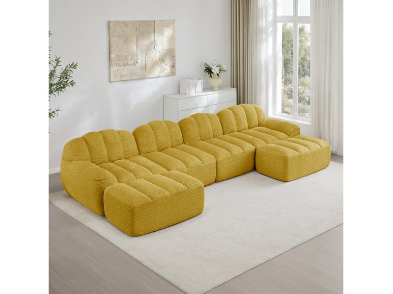 Canapé d'angle modulable 4 places jaune en tissu bouclette, avec 2 poufs, forme u pour le salon familial - Conforama B