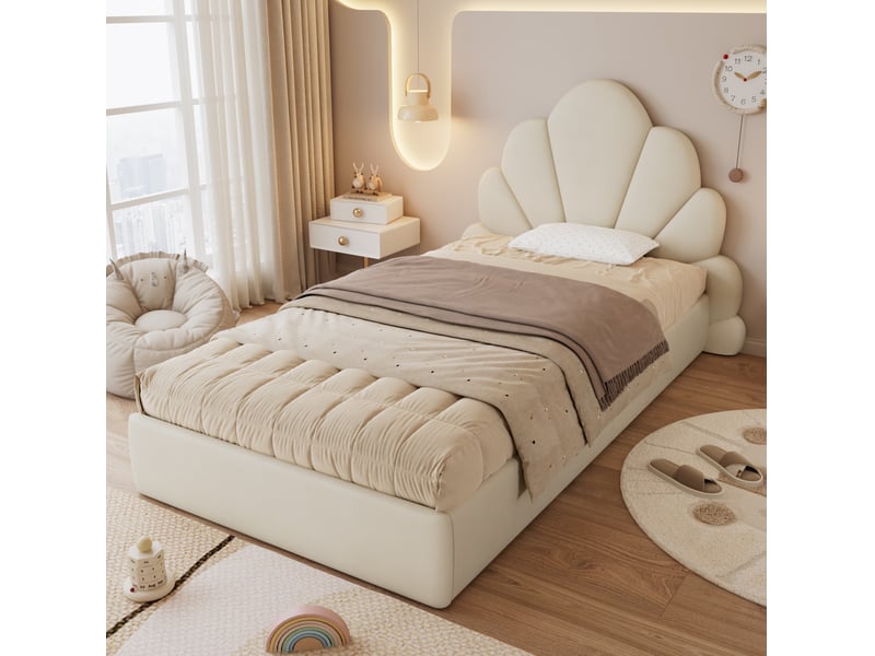  Modenvie lit simple capitonne 90x200 cm - tete de lit fleurie, sommier inclus, sans matelas - beige  - Conforama B