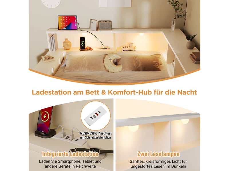  Lit 90x200 avec rangement et liseuse intégrée, lit simple en bois blanc avec ports usbtype-c et tiroirs  - Conforama R