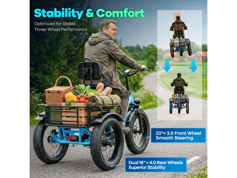  Cbvelo c16 tricycle électrique pliable, pneus fat 4, cadre ouvert, bleu  - Conforama C