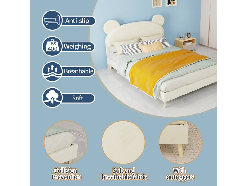  Lit enfant 140 × 200 cm 2 places avec tête de lit rembourrée, matelas inclus, en tissu et métal, beige  - Conforama E