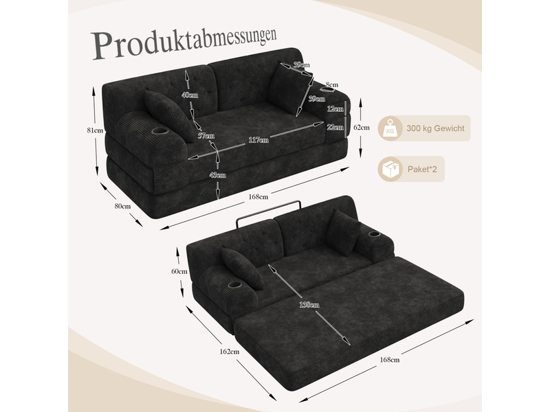  Canapé convertible 2 places 168.00×80.00×81.00 cm en velours côtelé avec porte-gobelets et poches latérales noir chicfurn  - Conforama D