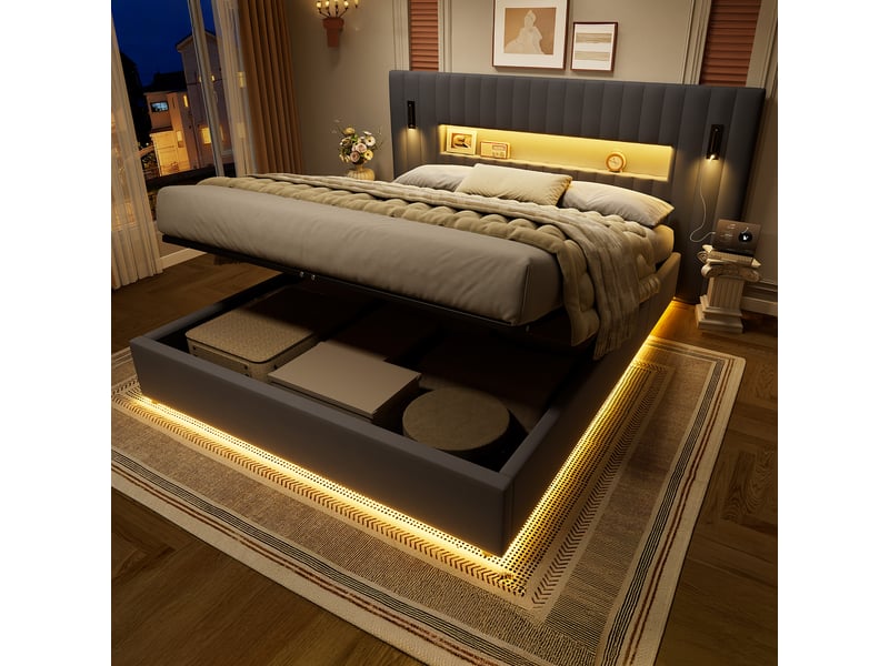 Lit 180x200 cm en velours avec rangement, led et ports usb gris foncé et gris chicfurn - Conforama E