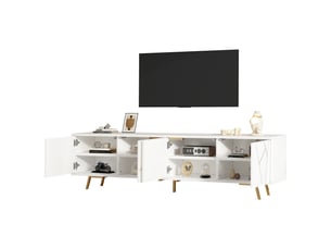 Meuble tv 190 cm pour écran 85 pouces, meuble tv blanc et or avec 4 portes, 190x40x51,5cm, panneaux et métal.