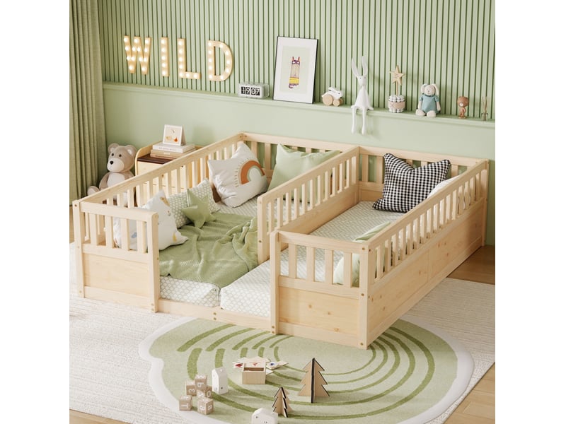  Lit double enfant 2x90x200 cm, lit de sol en pin naturel avec barrières hautes, sans matelas  - Conforama W