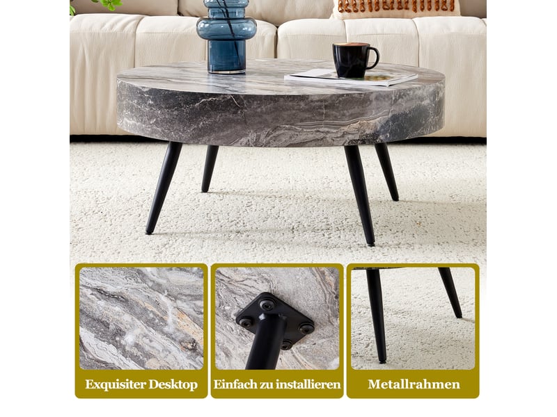  Table basse ronde 70x70x35,5 cm, meuble de salon, style moderne, pieds en métal, plateau mdf effet marbre gris, noir  - Conforama E