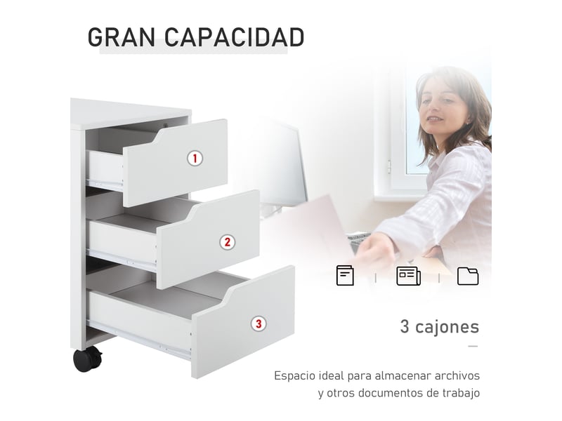  Caisson de bureau à roulettes, classeur à 3 tiroirs, meuble de rangement pour bureauétude, 40 x 50 x 57,5 cm, blanc  - Conforama E