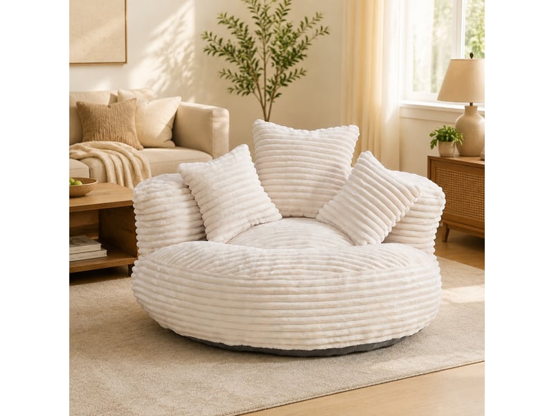 Fauteuil pouf lounge avec dossier haut, accoudoirs enveloppants et assise confortable en velours côtelé beige - Conforama B