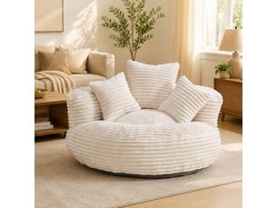 Fauteuil pouf lounge avec dossier haut, accoudoirs enveloppants et assise confortable en velours côtelé beige