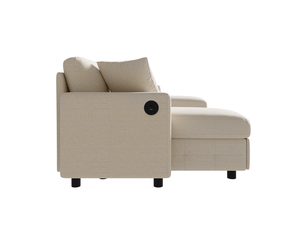 Canapé panoramique, avec fonction couchage, avec ports usb, avec méridienne, en tissu chenille, coloris beige, l260 x p128 x h82 cm
