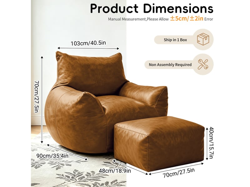  Fauteuil avec pouf ergonomique, garnissage en mousse haute densité, sans montage, en tissu technique marron 103 × 90 × 70 cm  - Conforama E