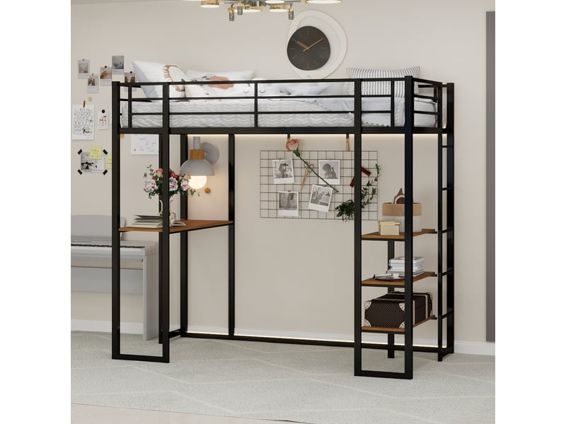  Lit simple 90x200 cm avec bureau en l, lit mezzanine avec barrières de sécurité, lit 1 personne, noir  - Conforama D