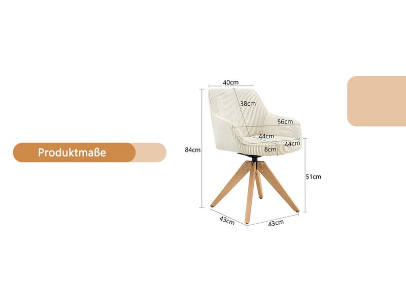  Lot de chaises 2 pièces style rétro assise en velours crème rayures verticales pieds en bois massif pivot 360°  - Conforama A