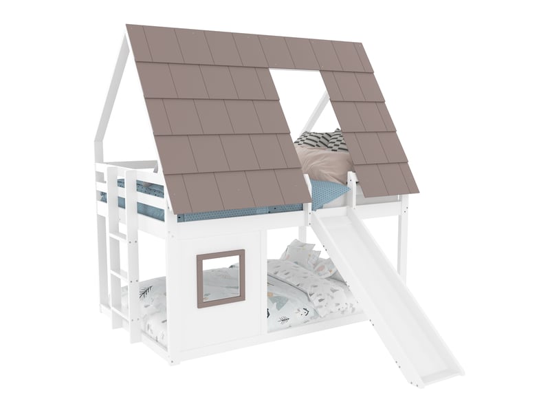  Lit superposé enfant 140x200 cm, forme maison, toboggan, échelle, barrières de sécurité, pin et mdf, blanc et marron OMNIGLINT TRADING LTD - Conforama A