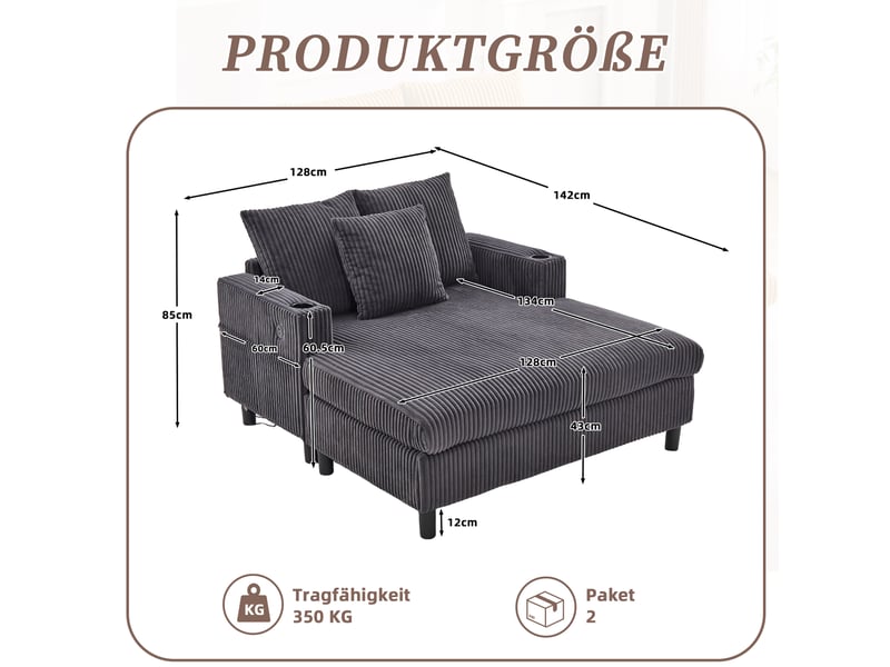  Fauteuil chaise longue modenvie 128 x 142 cm velours côtelé gris foncé led usb porte-gobelets  - Conforama C