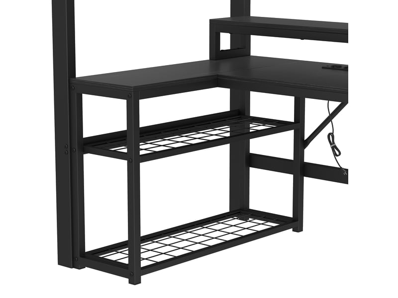  Lit mezzanine avec bureau 90 x 200 cm, cadre en métal noir, rangements, éclairage led et ports usb  - Conforama W