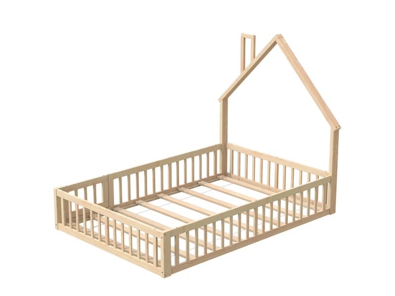 Lit cabane enfant 140x200 cm en pin naturel, style minimaliste, forme cheminée, sommier à lattes - Conforama E