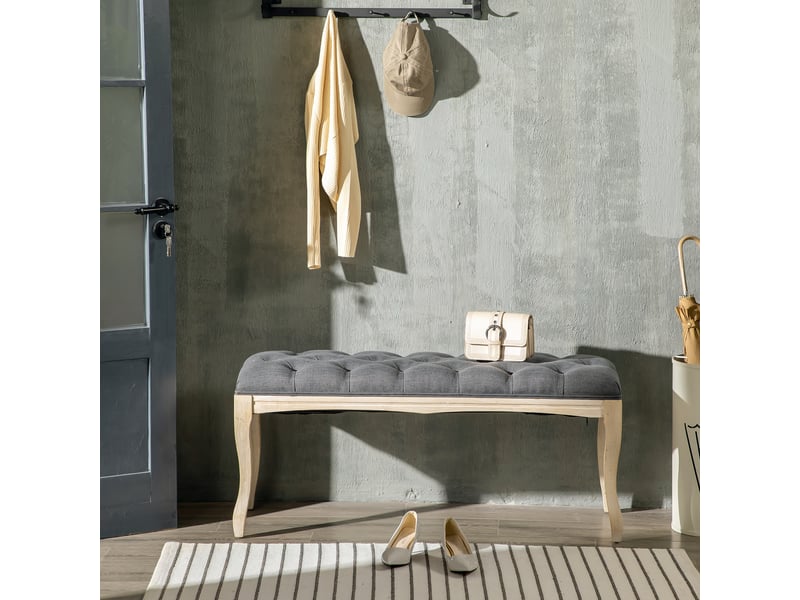  Banc banquette capitonnée style classique 110 cm bout de lit rembourrée en lin piètement bois hévéa sculpté lin gris  - Conforama D