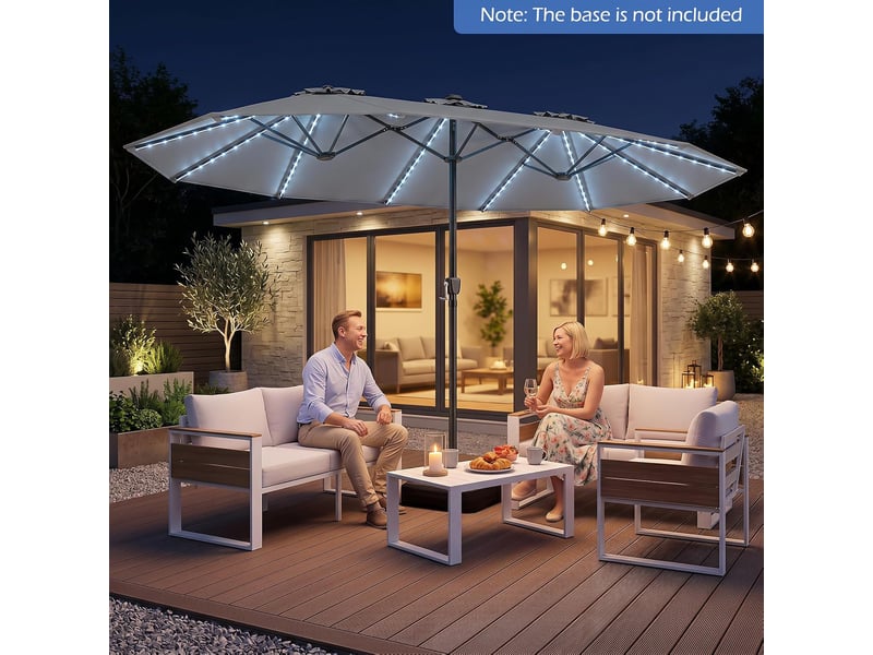Parasol double à 12 baleines (gris, 4,36 x 2,58 m, avec pied et led) | parasol rectangulaire avec manivelle, 144 led solaires, 12 modes - Conforama C