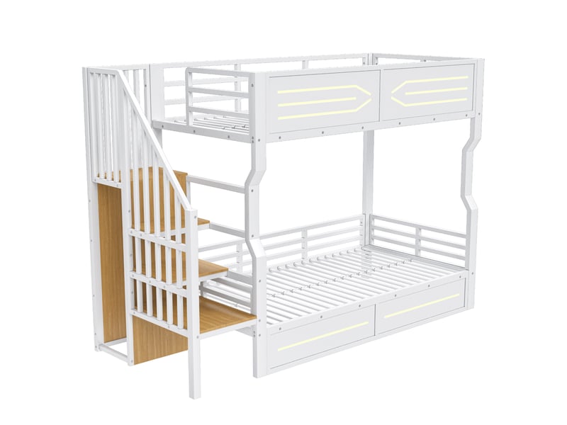 Lit mezzanine simple 90×200 cm led, escalier de rangement et armoire - sans matelas, métal et mdf - blanc - Conforama E