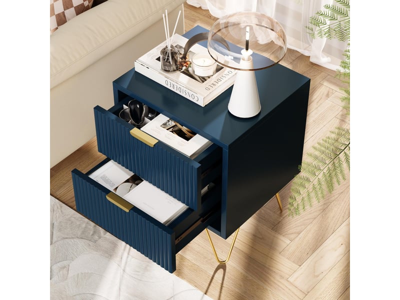 Table de chevet 1 pc - 35,5x40x50cm - table de nuit en bois à 2 tiroirs cannelés &amp; pieds épingles dorés - bleu marine  - Conforama B