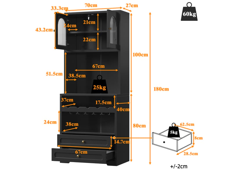  Lot de 2 buffets hauts 140 x 40 x 180 cm avec led, portes vitrées cintrées, casier à vin et prises usb, noir  - Conforama C