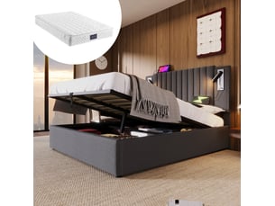 Lit coffre 160 × 200 cm 2 places avec led, usb, type-c, rangement, matelas inclus, tissu gris