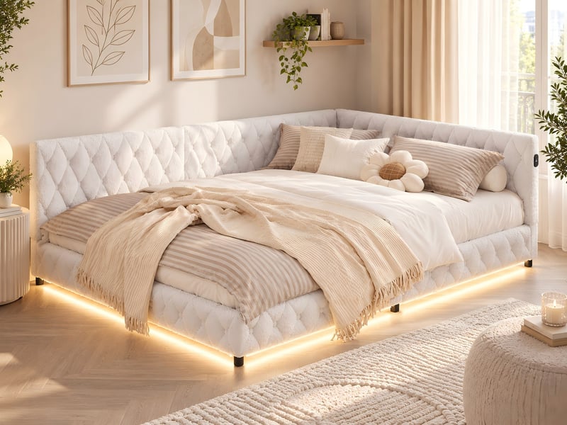  Kefsr lit double banquette 140x200 cm, lit rembourré tissu bouclette (laine d'agneau) avec led rgb et usbtype-c, beige  - Conforama B