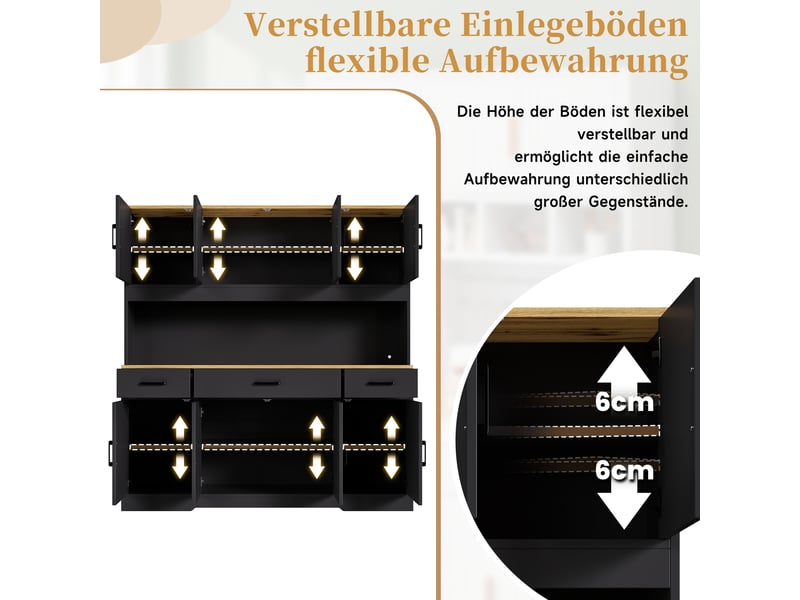  Buffet haut 150x40x180 cm, vaisselier avec rangements, 2 porte-verres, prise, usb-a et usb-c, bande led multicolore, noir et chêne evarich - Conforama D