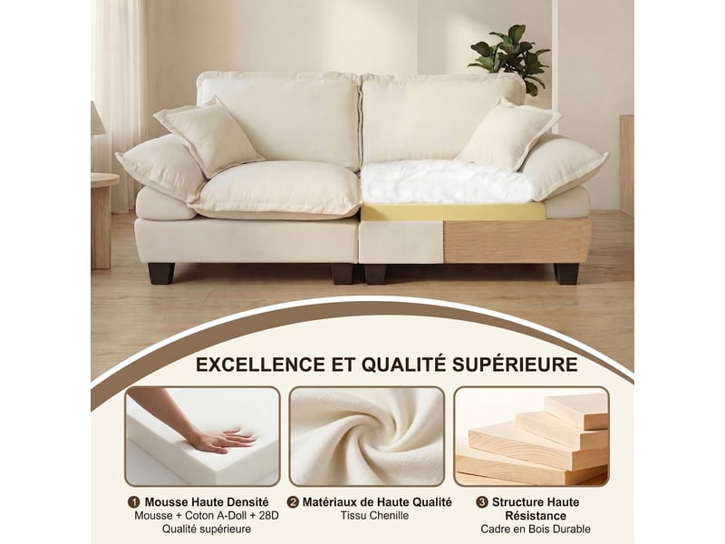 Canapé d'angle modulable en l beige 263 cm avec ottomane amovible et revêtement chenille - Conforama D
