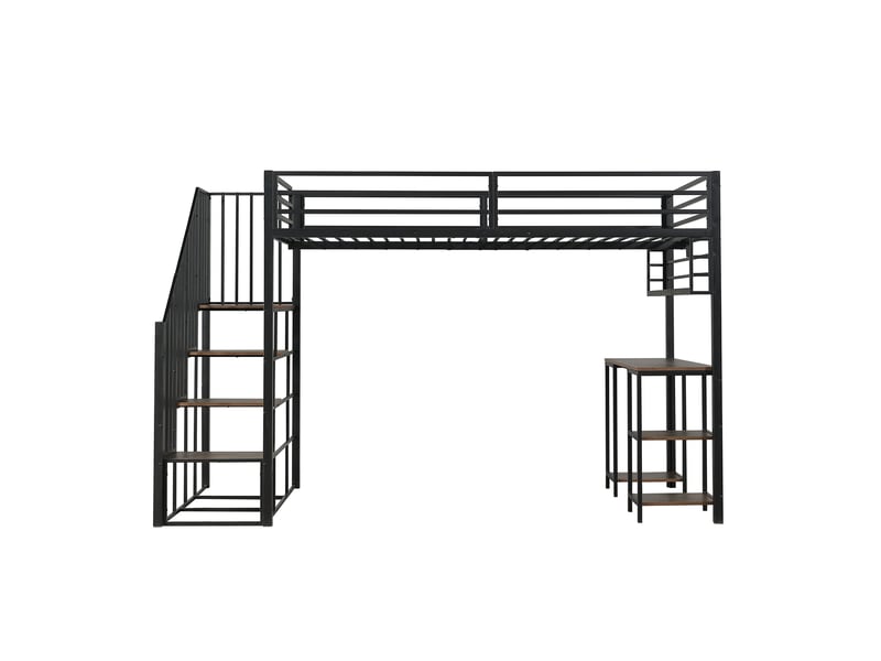 Lit mezzanine 120x200 cm - bureau intégré - escalier avec mains courantes - étagère de rangement - métal et bois - noir - Conforama A