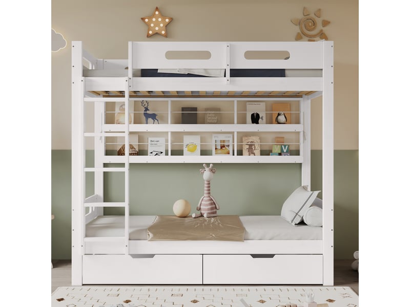 Lit superposé enfant 90x200 cm avec 2 tiroirs, étagères ouvertes et échelle 5 marches, bois blanc et naturel, sans matelas  - Conforama W