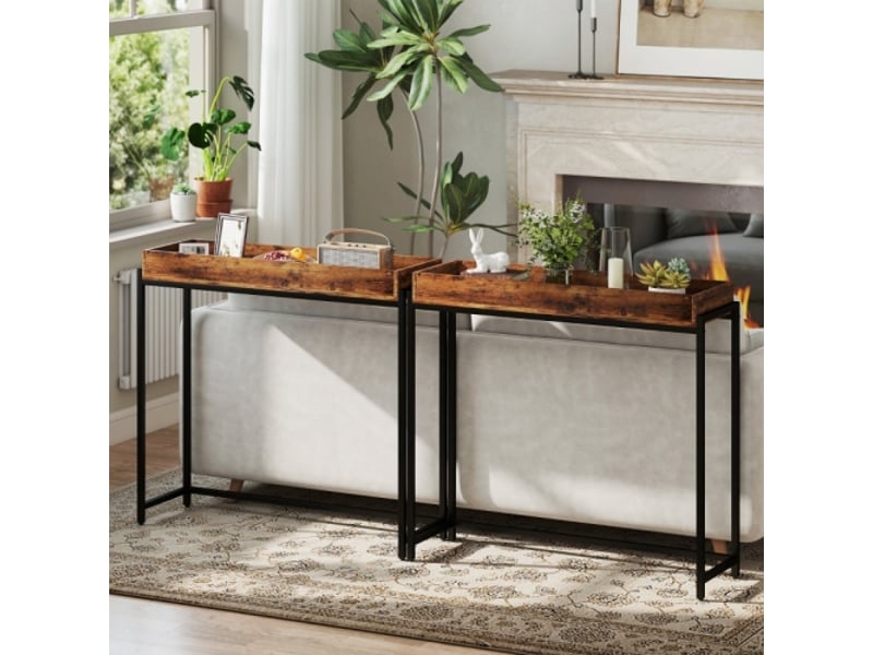  Console étroite en métal et panneau marron rustique, table d’entrée pour salon et couloir  - Conforama C