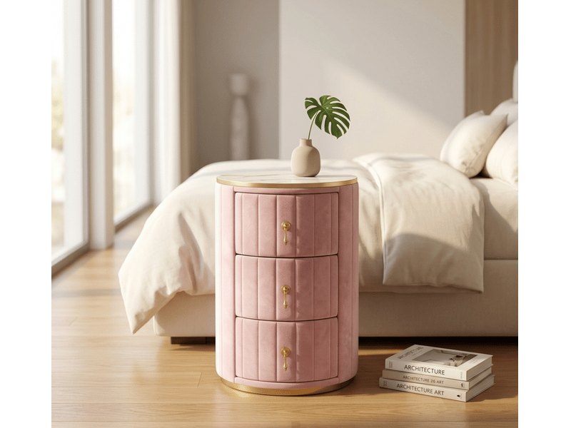  Table de chevet 3 tiroirs, 40 x 40 x 52,5 cm – design rond en velours rose, plateau effet marbre, détails dorés  - Conforama B