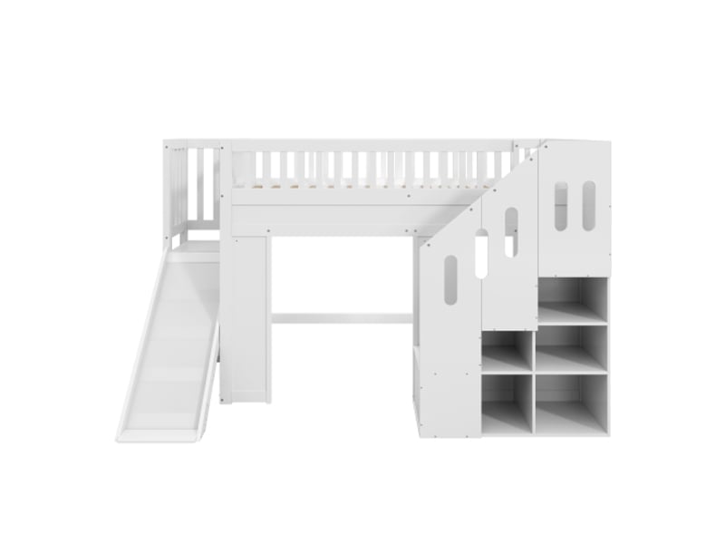  Lit superposé enfant 90×200cm, toboggan + anti-chute + escalier, led, bois massif, blanc  - Conforama A