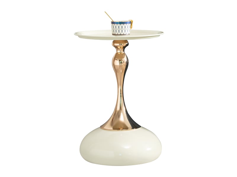 Table basse fixe ronde avec plateau et piètement en métal, format compact, pour salon ou chambre, blanc et doré - Conforama A
