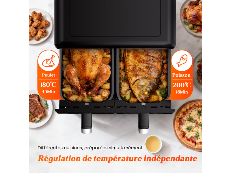  Friteuse à air chaud à 2 compartiments, 2 tiroirs, airfryer 11l avec fenêtre de visualisation, écran tactile, 8 programmes préréglés, réglage de température indépendant, paniers métalliques antiadhésifs, 5.5l+5.5l, cuisson saine…  - Conforama E