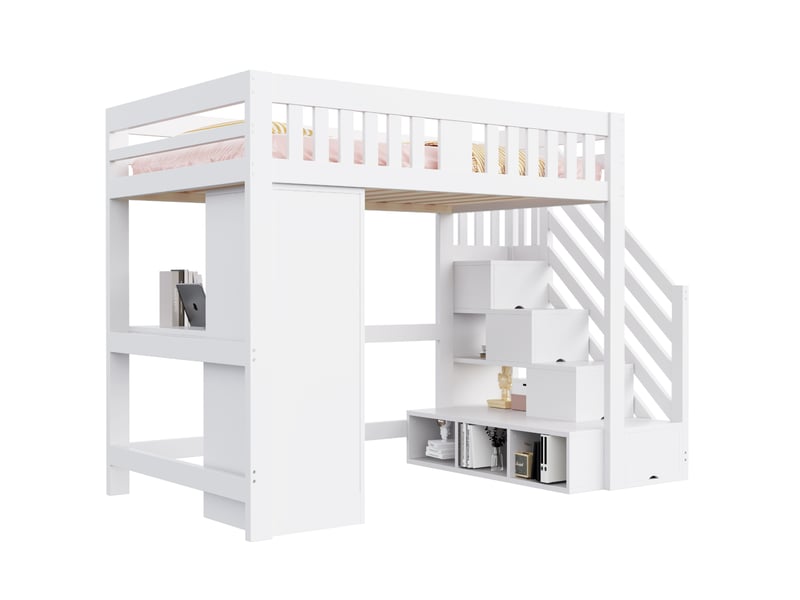  Lit mezzanine 140x200 cm, banc, armoire, éclairage avec éclairage led, bureau, escalier avec rangements, bois blanc sans matelas  - Conforama A